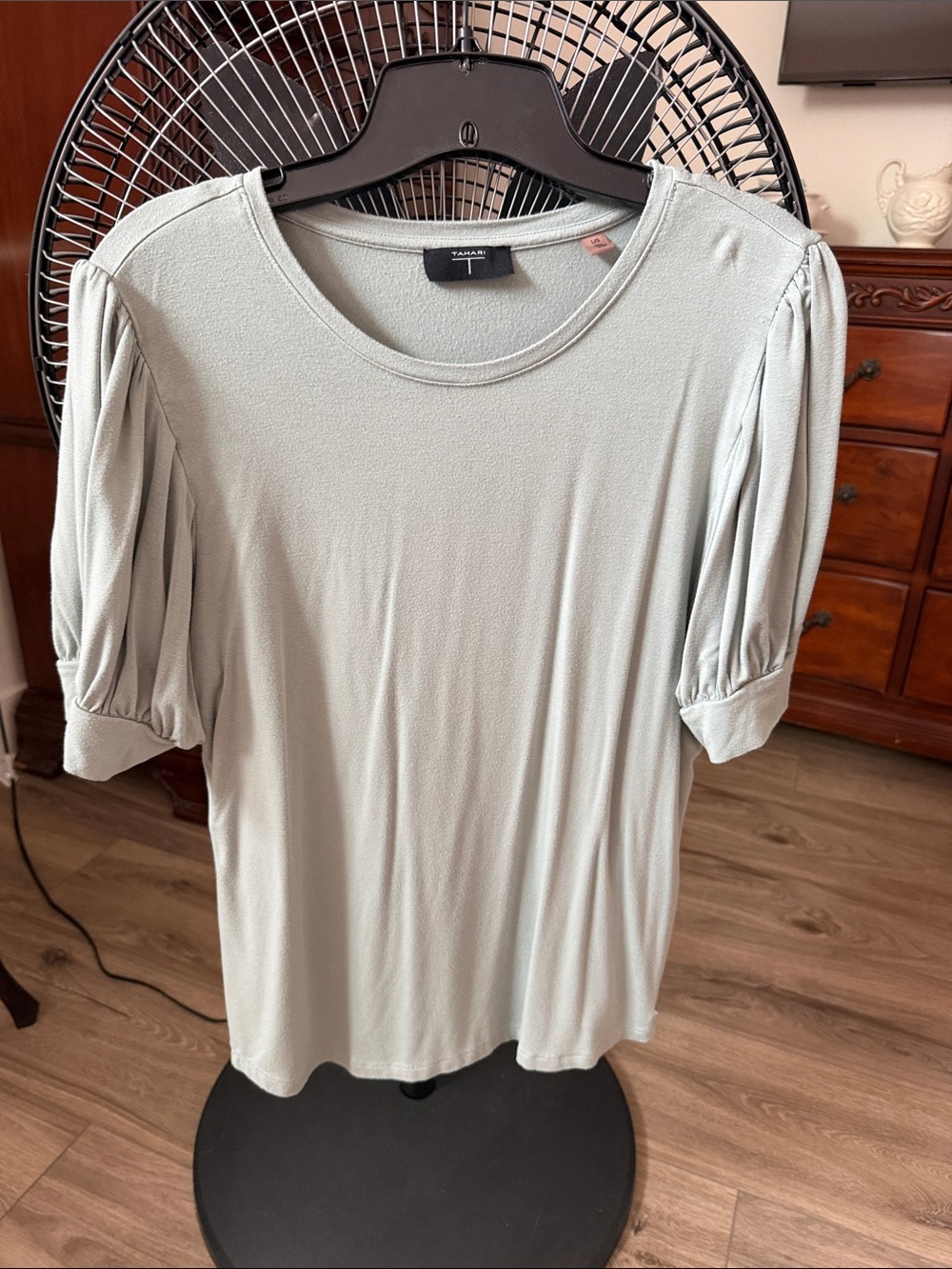 Tahari Sage Green Short Sleeve Puff Shoulder Top